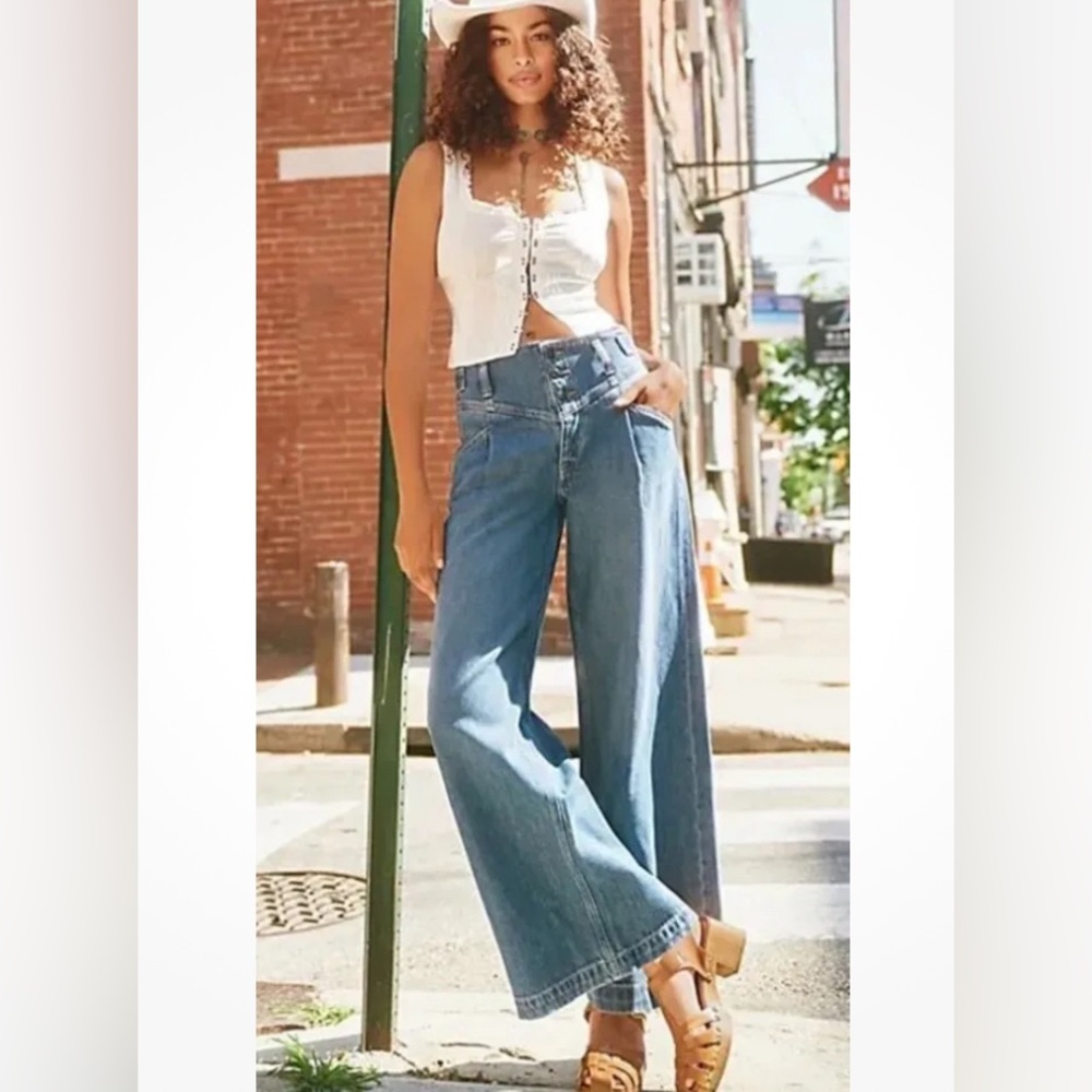 Free People Super Sweeper Wide Leg Jeans Dark Denim Size Medium